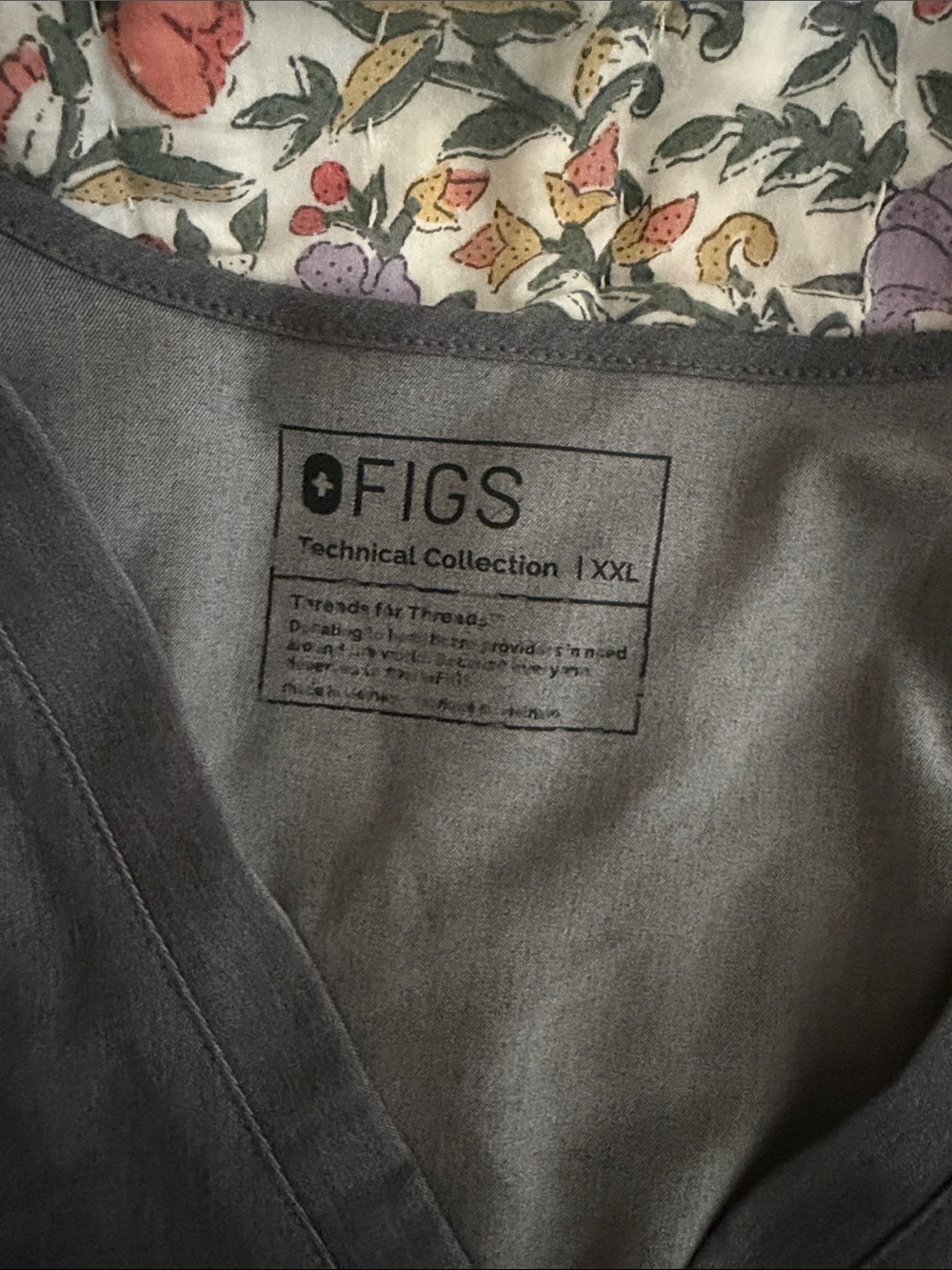 FIGS Grey Scrub Top with Floral Trim